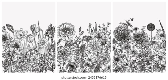 Vector set of 3 posters of different seasons. Spring Summer Autumn. Narcissus, lily of the valley, snowdrop, anemone, violet, peony, rose, lupine, cornflowers, dahlia, marigolds, chrysanthemum