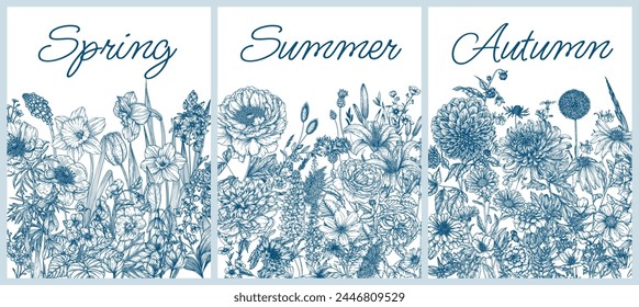 Vector set of 3 posters of different seasons. Spring Summer Autumn. Narcissus, lily of the valley, snowdrop, anemone, violet, peony, rose, lupine, cornflowers, dahlia, marigolds, chrysanthemum