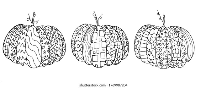 Vector set of 3 pumpkins for the coloring book. Black and white collection of Halloween objects. Hand-drawn monochrome sketch of autumn elements in doodle style.