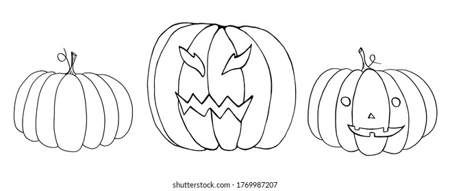 Vector set of 3 pumpkins for the coloring book. Black and white collection of Halloween objects. Hand-drawn monochrome sketch of the autumn characters in doodle style.