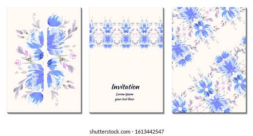 Vector Set of 3 Romantic  abstract flower backgrounds in blue and white colors. Ideal for Wedding invitation, birthday card or any porpoise. 