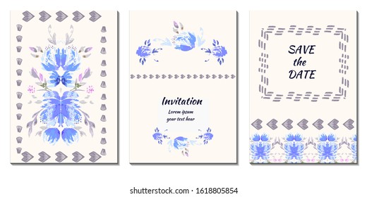 Vector Set of 3 Romantic  abstract flower backgrounds in blue and white colors. Ideal for Wedding invitation, birthday card or any porpoise. 
