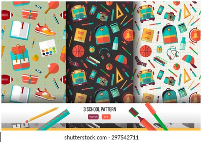 Vector Set Of 3 School Seamless Pattern. Back To School Illustration On Notebook Paper Background. High School Object College Items In Flat Style.