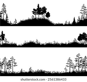 Vector set of 3 seamless forest border landscapes. Black and white realistic summer silhouettes of the ground with grass, flowers, trees and bushes on it. Hand drawn isolated illustrations.