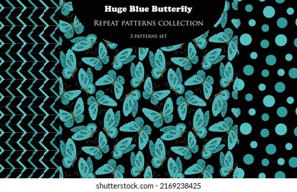 Vector set of 3 seamless patterns, Butterfly pattern with abstract patterns. Great for fabric, wallpapers, scrap booking, textile, backgrounds, packaging projects. 
Surface pattern design