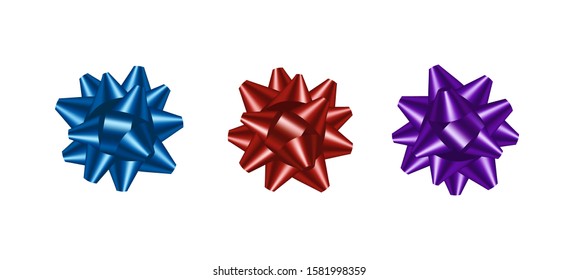 Vector set of 3 shiny colorful bows on white background. Realistic classic blue, red and purple gift bows for design, festive template, Christmas and Birthday card. Decorative isolated gift bows.
