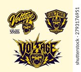 Vector set of 3 skull biker logos for Voltage brand, featuring streetwear, graffiti, and motorsport styles.
