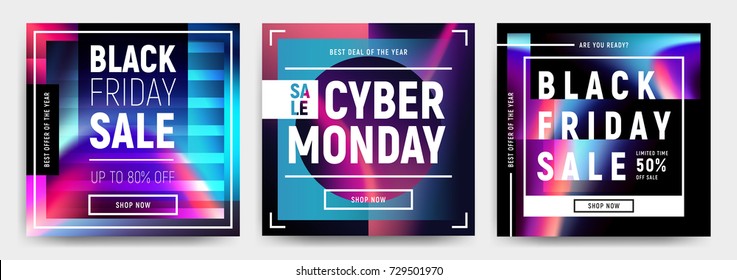 Vector set of 3 social media banners, flyers, poster templates in fluid holography style. Abstract liquid shapes cards for web, e-mail promotion. Business offer black friday and cyber monday sale.