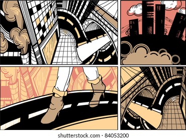 vector set of 3 urban cards with a girl walking on the road and industrial buildings