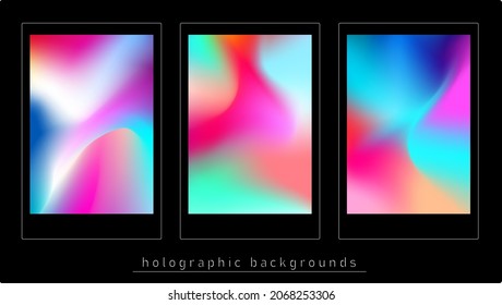 Vector set of 3 vaporwave colorful hologram dreamy background. Rainbow iridescent gradient. Minimalist psychedelic fluid wallpaper. Neon opalescent tech and music banner design.
