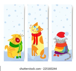 Vector set of 3 vertical banners with Christmas cats, ready to use, transparent shadows