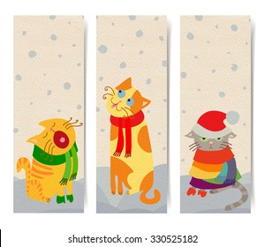Vector set of 3 vertical banners with Christmas cats, transparent shadows, paper cardboard background isolated on white