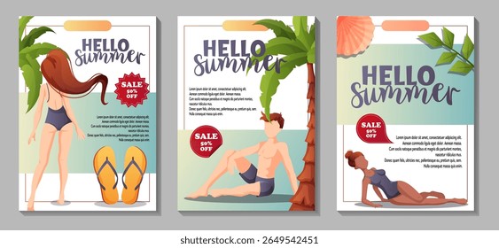 Vector set of 3 vertical flyers with Hello Summer text. Features girls, boys, flip-flops, palm trees, and discount labels. Great for seasonal beach promotions.
