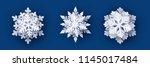 Vector set of 3 white Christmas paper cut 3d snowflakes with shadow on dark blue background. New year design elements