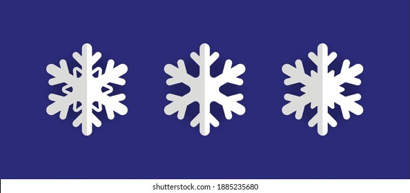 Vector set of 3 white Christmas paper cut 3d snowflakes with shadow on deep blue background. New year and Christmas design elements