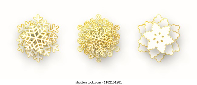 Vector set of 3 white and gold Christmas paper cut 3d snowflakes with shadow isolated on white background. New year and Xmas design elements