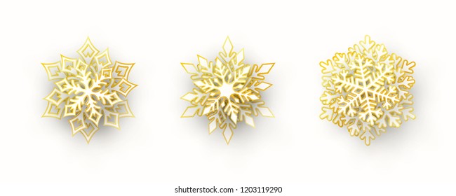 Vector set of 3 white and gold Christmas paper cut 3d snowflakes with shadow isolated on white background. New year and Xmas design elements