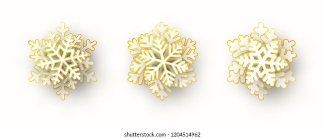 Vector set of 3 white and gold Christmas paper cut 3d snowflakes with shadow isolated on white background. New year and Xmas design elements