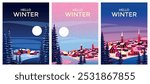 Vector Set of 3 winter season landscapes with pine trees in the first plan and villages under the snow in the background. Handmade drawing vector illustration.