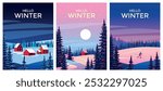 Vector Set of 3 winter season landscapes. Pine trees in the first plan and village and forest under the snow in the background. Handmade drawing vector illustration.