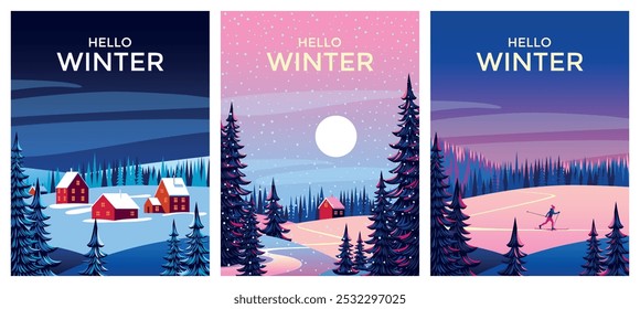 Vetor Conjunto de 3 paisagens de inverno. Pinheiros no primeiro plano e aldeia e floresta sob a neve ao fundo. Ilustração de vetor de desenho artesanal.