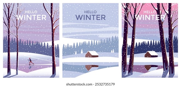 Vector Set of 3 winter season landscapes. Snow covered trees in the first plan and village and forest under the snow in the background. Handmade drawing vector illustration.