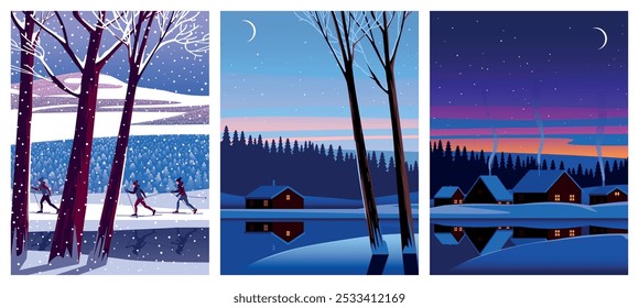 Vector Set of 3 winter season landscapes. Snow covered trees in the first plan and house on the edge of the forest under the snow in the background. Trendy handmade drawing vector illustration.