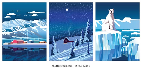 Vector Set of 3 winter season landscapes.  Arctic Polar Ocean Northern European Winter Poster.  Trendy handmade drawing vector illustration.
