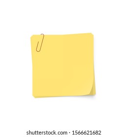 Vector set of 3 yellow note papers with red paperclip. Realistic sticky notes with copy space isolated on white. Blank paper can be used as a background or template for your own projects. Eps 10.