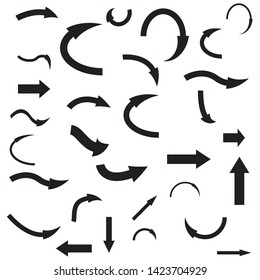 
Vector set of 30 black arrows of various shapes on an isolated white background.