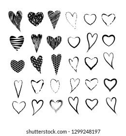 Vector set of 30 black textured hearts. Isolated clip art elements on white background for poster, banner, greeting card for the feast of Saint Valentine, wedding  etc. 