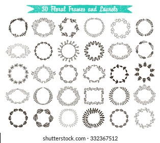 Vector set of 30 hand drawn frames and laurels. Floral, vintage, swirl wreaths isolated.