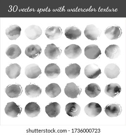 Vektor-Set mit 30 rauchigen schwarz-weißen Tintenflecken mit Aquarellfarbe. Einzelne Elemente und handgezeichnete Imitation. Für digitale Bürsten, abstrakte Hintergründe, einfarbiges Design. einfarbiger Hintergrund