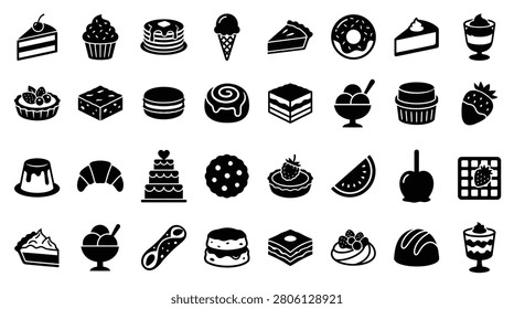 Vector set of 32 black dessert icons on white background featuring cake slices, cupcakes, donuts, ice cream, pastries, cookies, and fruit tarts in a minimalist silhouette style for web design.