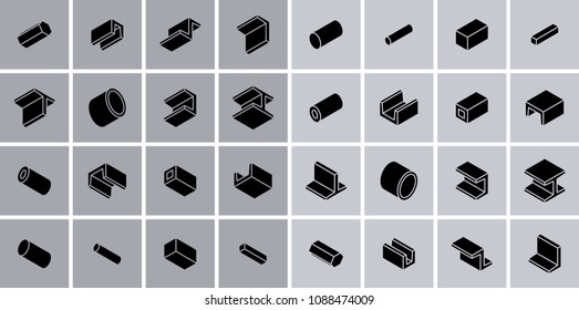Vector set of 32 simple black steel cut isometric icons