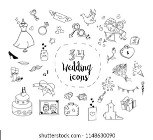 Vector set of 34 cartoon wedding theme icons. Doodle collection of wedding items. Cute and funny little drawings on wedding and love theme. Vector cake, hearts, flowers and other collection