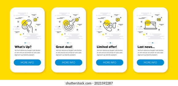 Vector set of 360 degree, Capsule pill and Targeting line icons set. UI phone app screens with line icons. Laptop icon. Virtual reality, Medicine drugs, Click. Computer. Phone UI banners. Vector