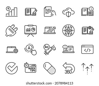 Vector set of 360 degrees, Instruction info and Online documentation line icons set. Hold document, 5g internet and Notebook service icons. 360 degrees web symbol. Vector