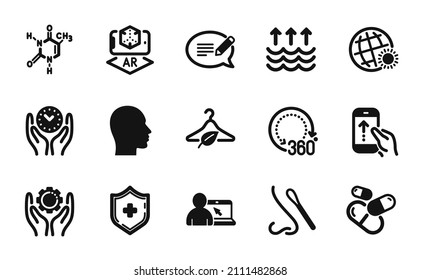 Vector set of 360 degrees, Slow fashion and Online education icons simple set. Employee hand, Swipe up and Head icons. Evaporation, Augmented reality and Nasal test signs. Vector