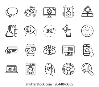 Vector Set Of 360 Degrees, Time Management And Approved App Line Icons Set. Sun Energy, Talk Bubble And Web Analytics Icons. Euro Money, Touchscreen Gesture And Star Rating Signs. Vector