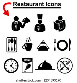 Vector set of 37 restaurant icons isolated on white background. The set includes waiter, cook, napkin holder, cup of coffee, cutlery, clock, menu book.