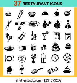 Vector set of 37 restaurant icons isolated on white background. The set includes food, dishes, restaurant staff, desserts, sushi. Black silhouette, drawing, illustration, flat symbol