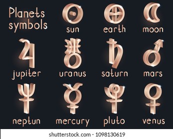 Vector set of 3d astrological planets symbols. Gold signs collection: sun, earth, moon, saturn, uranus, neptune, jupiter, venus, mars, pluto, mercury. 