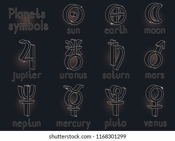 Vector set of 3d astrological planets symbols. Gold contour. Signs collection: sun, earth, moon, saturn, uranus, neptune, jupiter, venus, mars, pluto, mercury. 