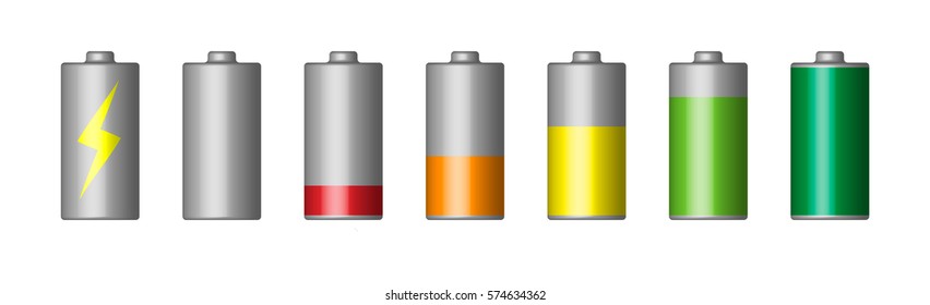 Vector set of 3D battery. To charge and discharge the power supplies. Stock illustration of. Isolated on white. Icon. Indicator.