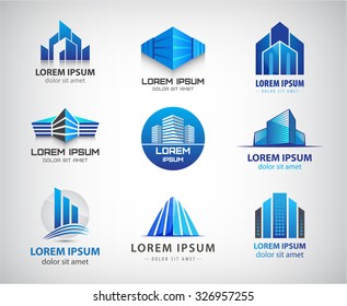 Vector set of 3d blue office buildings logos, houses skyscrapers logos, property icons. Identity. 