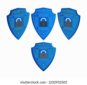 Vector set of 3d blue shield with a computer chip and a padlock in several projections on a white isolated background. Virtual protection