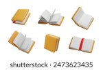 Vector set of 3D books open and closed, with a bookmark and blank white hardcover pages for educational purposes. A design element of a notebook with a cover