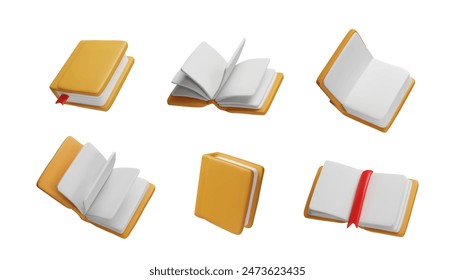 Vector conjunto de libros en 3D abiertos y cerrados, con un marcador y páginas de tapa dura en blanco para fines educativos. Un elemento de diseño de un cuaderno con una cubierta