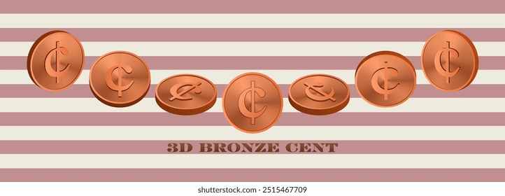 Conjunto vetorial, centavo de bronze 3d em projeções diferentes. Moeda volumétrica, crachá ou ficha. Coleção de ícones de cobre de metal. Finanças, pouco dinheiro. Símbolo.